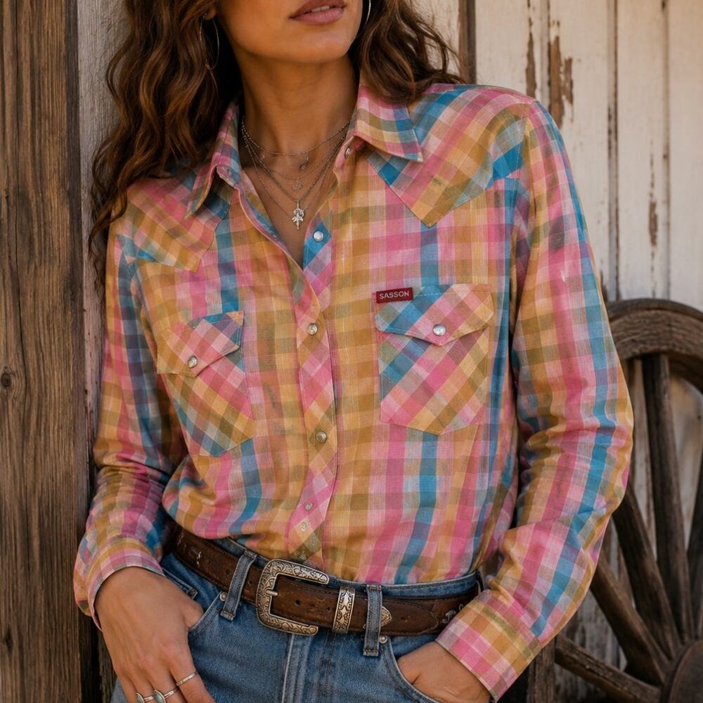 Sasson Womens Pastel Plaid Western Shirt Pearl Snap Cowgirl Rodeo Vintage 80s